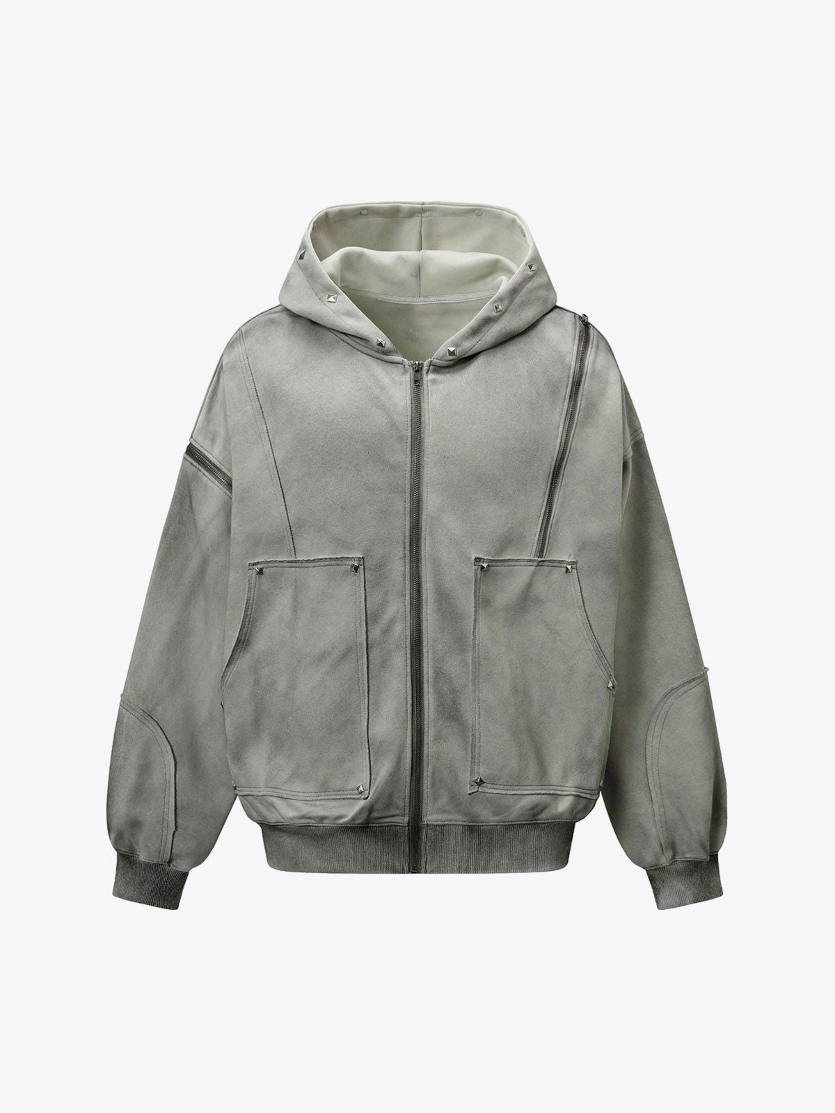Street Washed Distressed Stitching Rivet Hooded Jacket - Grey / S