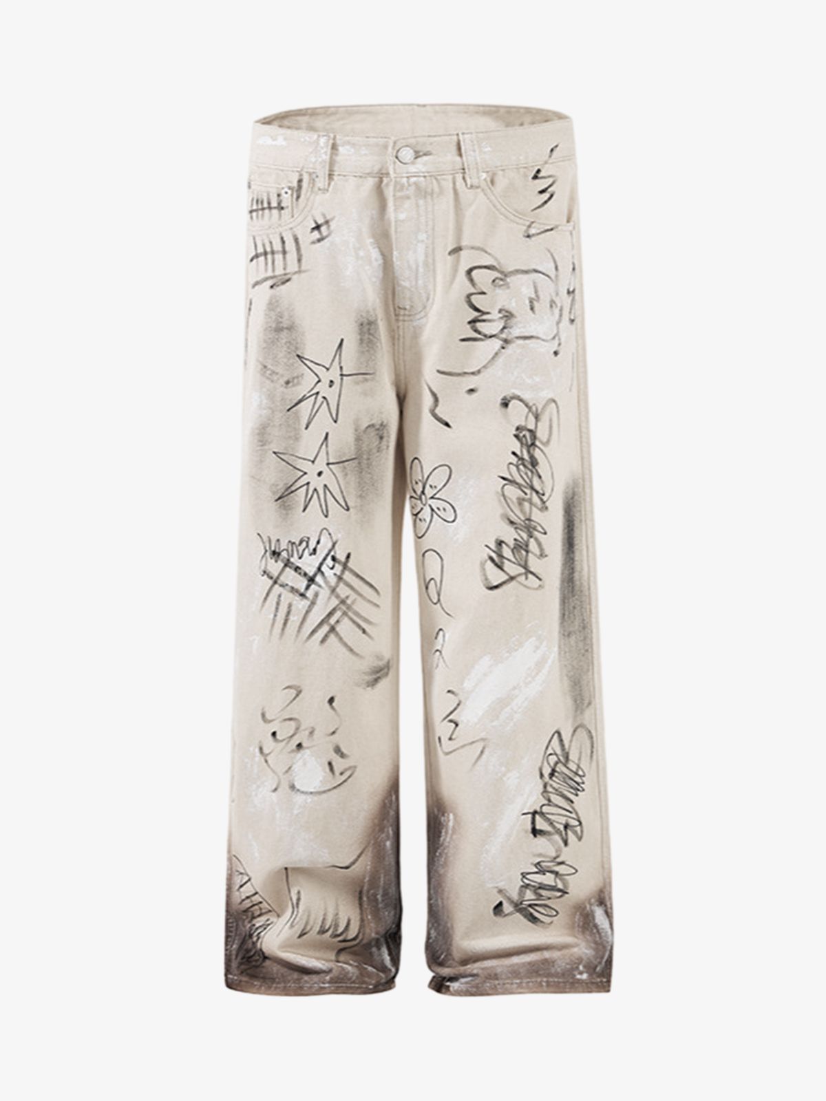 Distressed Washed Graffiti Baggy Jeans - Light Brown / M