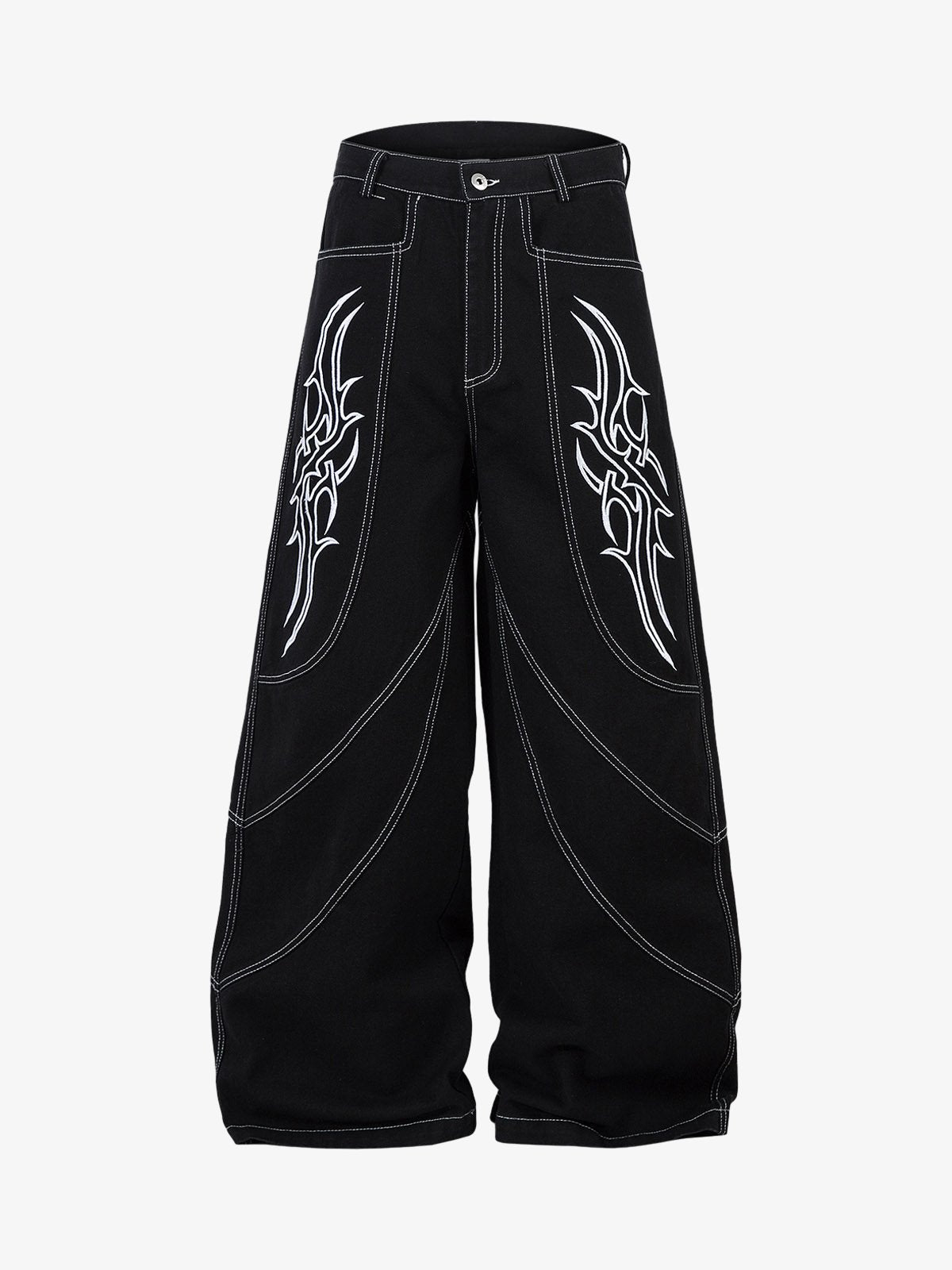Deconstructed Contrast Embroidered Baggy Jeans - 2330 - Black / M