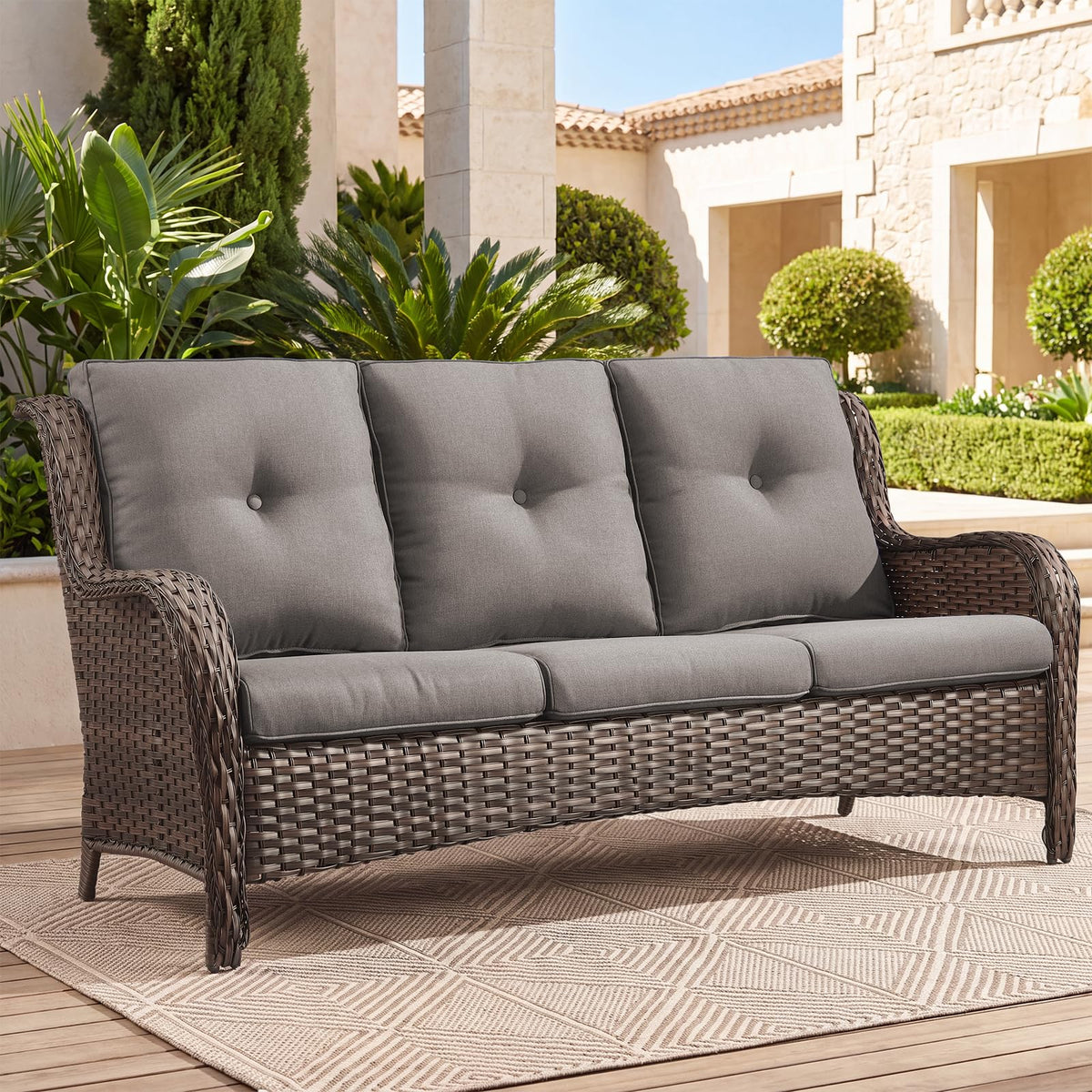 Outdoor Patio Furniture Wicker 3-Seater Sofa, NTC Series - Brown Wicker / Grey Cushion