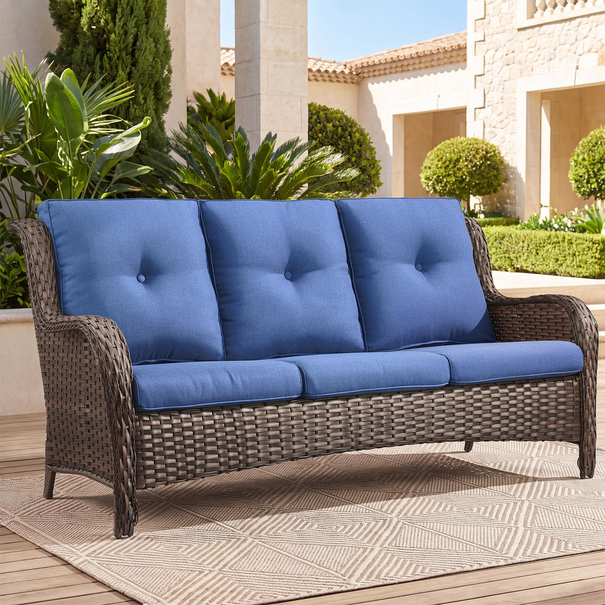 Outdoor Patio Furniture Wicker 3-Seater Sofa, NTC Series - Brown Wicker / Blue Cushion