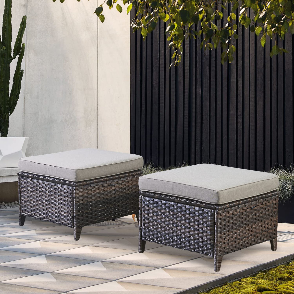 2 Pieces Patio Wicker Ottoman Set Side Table Use, NTC Series - Brown Wicker / Beige Cushion