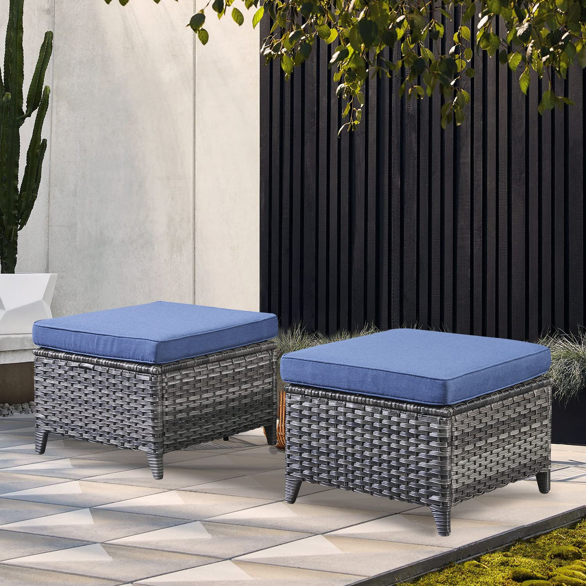 2 Pieces Patio Wicker Ottoman Set Side Table Use, NTC Series - Mixed Grey Wicker / Blue Cushion