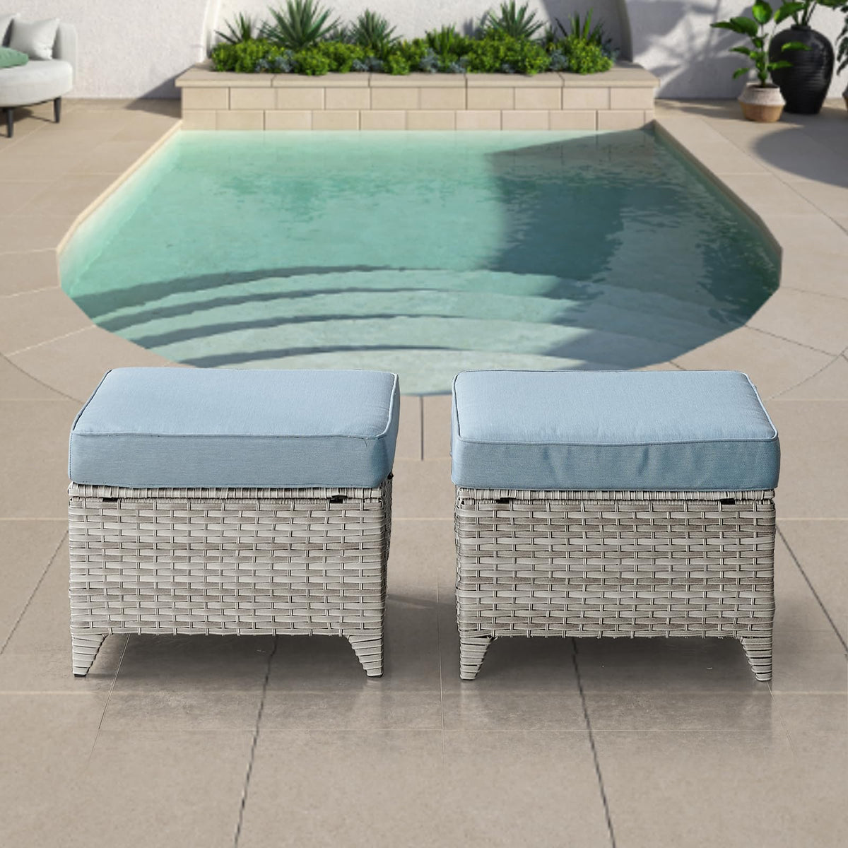 2 Pieces Patio Wicker Ottoman Set Side Table Use, NTC Series - Light Grey Wicker / Baby Blue Cushion