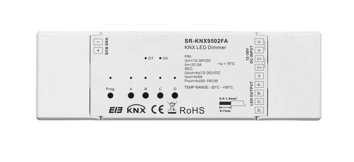 SR-KNX-9502FA KNX LED Dimmer 4-Kanal Konstantspannung 12-36V DC, 5A je Kanal, Aufbau ETS5