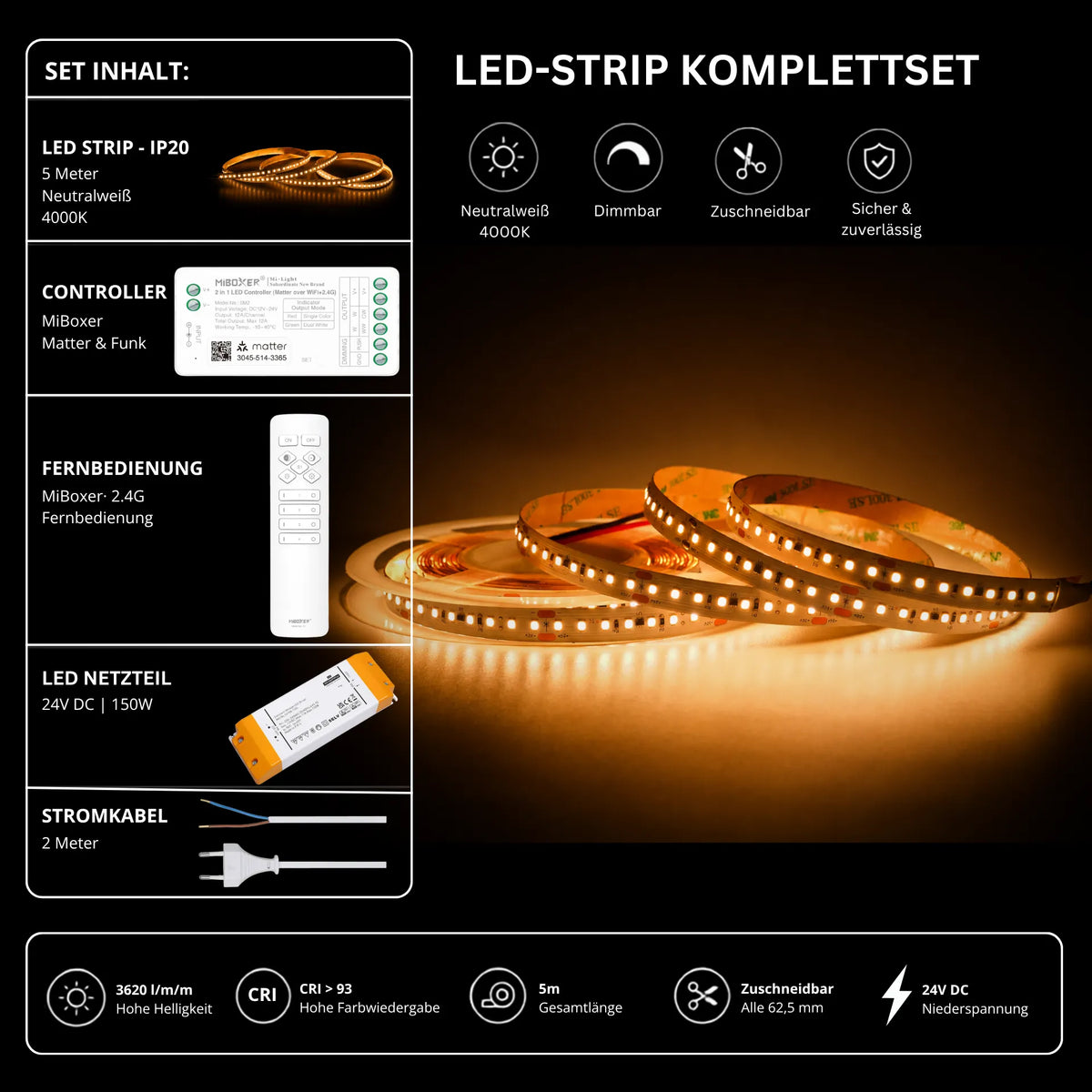 LED Streifen Set High Power Neutralweiß 4000K – SMD LED Streifen 24V, 22 W/m, 3620 lm/m, 5m – SS150 Netzteil, SM2 Matter Controller & C1 Fernbedie