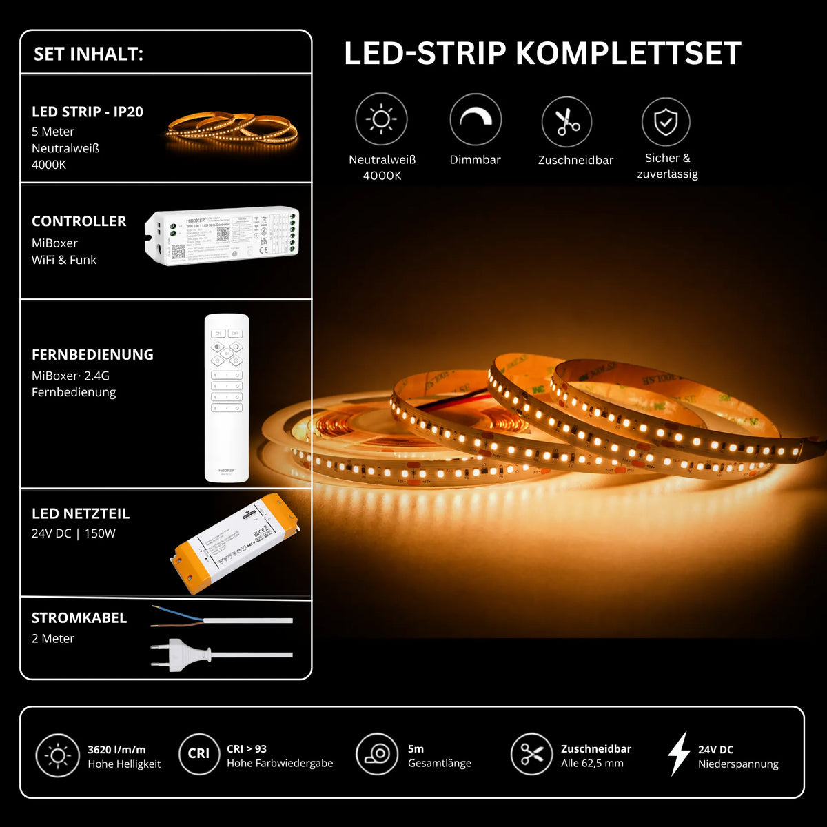 LED Streifen Set High Power Neutralweiß 4000K – SMD LED Streifen 24V, 22 W/m, 3620 lm/m, 5m – SS150 Netzteil, WL5 WiFi Controller & C1 Fernbedienu