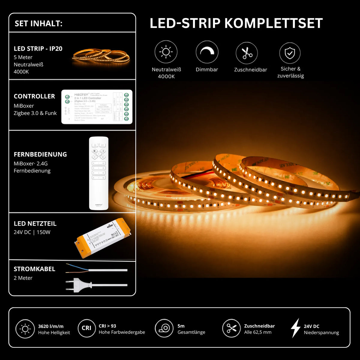 LED Streifen Set High Power Neutralweiß 4000K – SMD LED Streifen 24V, 22 W/m, 3620 lm/m, 5m – SS150 Netzteil, SZ2 Zigbee 3.0 Controller & C1 Fernb