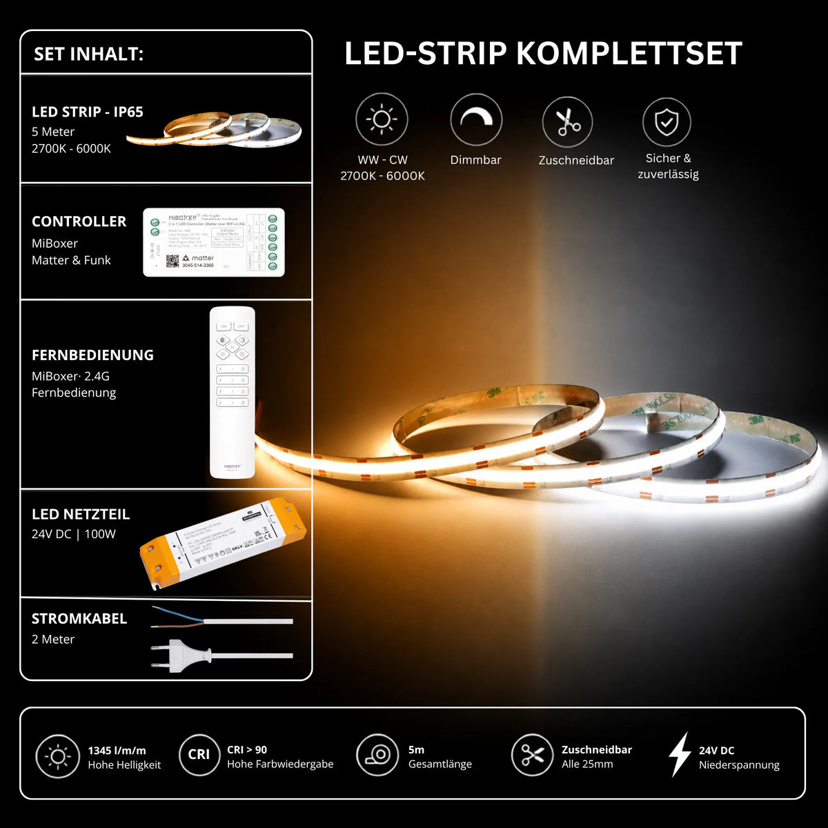 LED Streifen Set CCT IP65 – COB LED Streifen 24V, 16 W/m, 1345 lm/m, 5m, 2700-6000K – SS100 Netzteil, SM2 Matter Controller & C1 Fernbedienung Wei