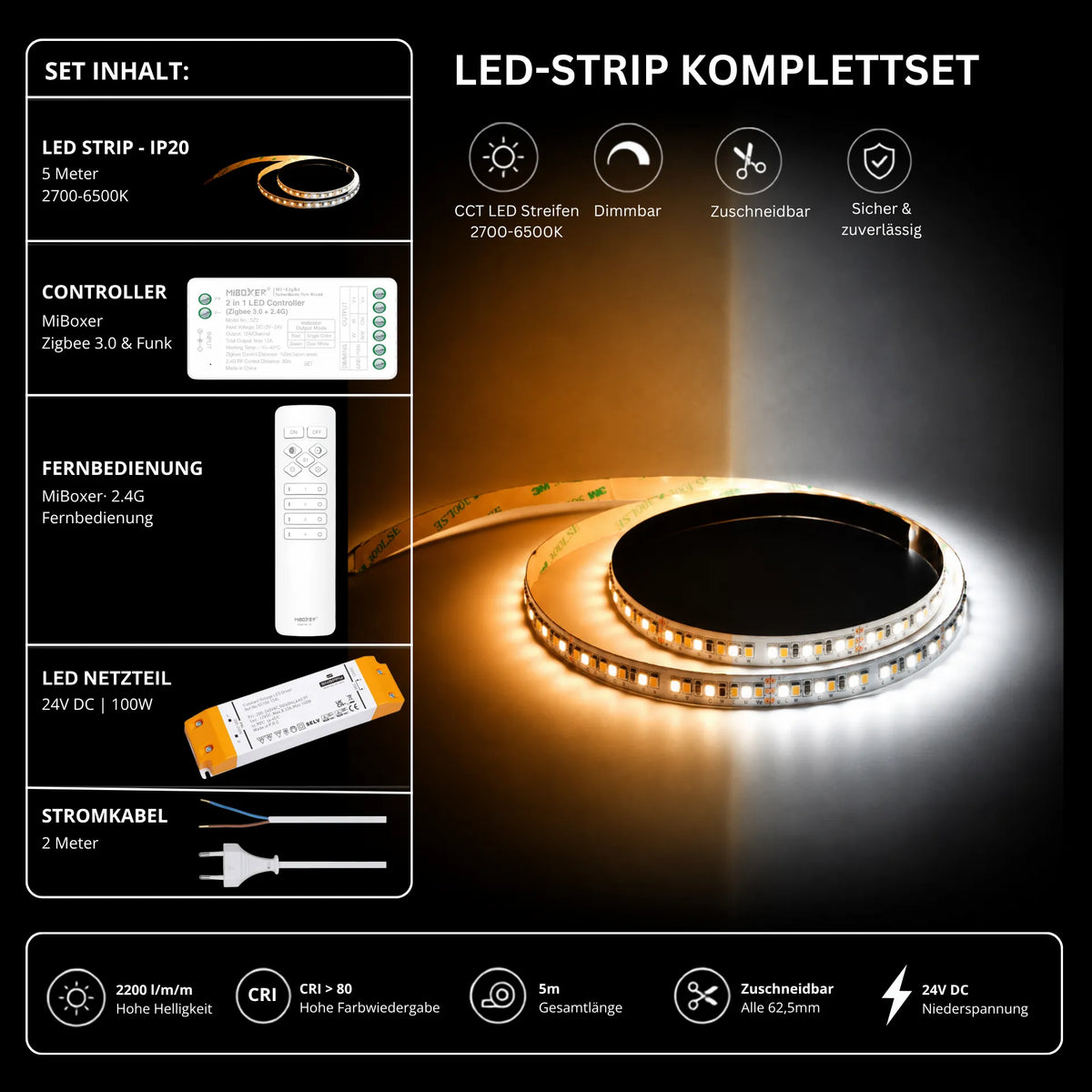 LED Streifen Set CCT IP20 – SMD LED Streifen 24V, 16 W/m, 2200 lm/m, 5m, 2700-6500K – SS100 Netzteil, SZ2 Zigbee 3.0 Controller & C1 Fernbedienung