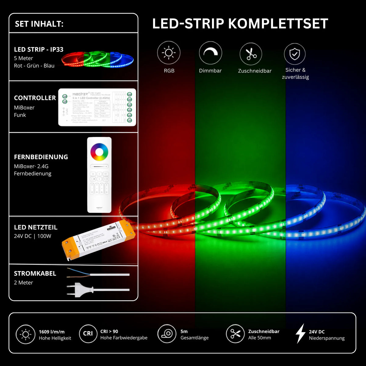 LED Streifen Set RGB IP33 – COB LED Streifen 24V, 14 W/m, 5m, punktfrei – SS100 Netzteil, SR5 Funk-Controller & C5 Fernbedienung Weiß