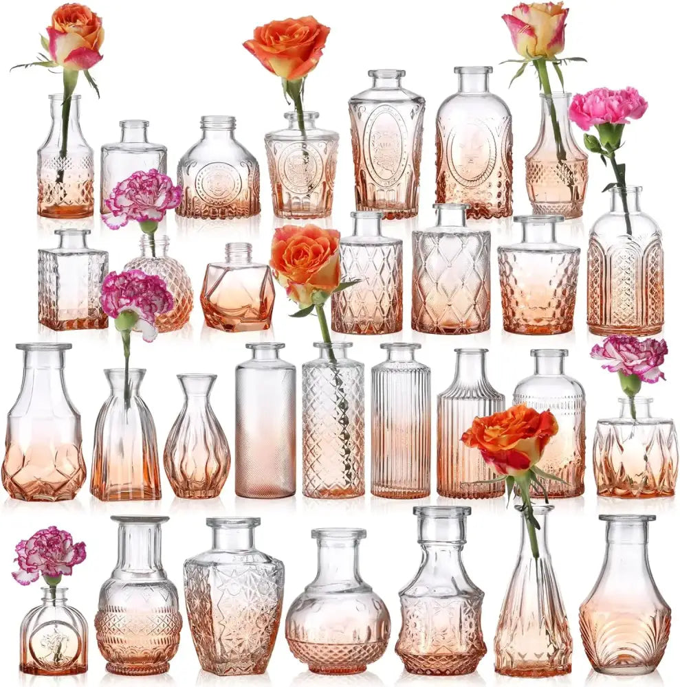 Vintage rose gold and orange glass bud vases wedding dining room decor - United States