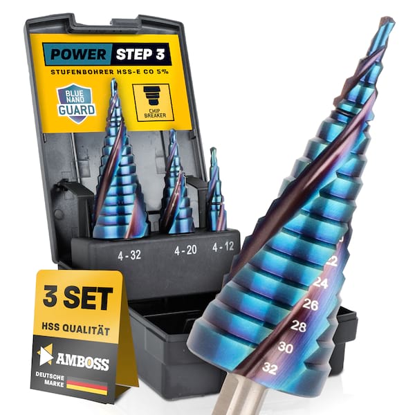 AMBOSS HSS-E Co 5% Stufenbohrer Set 3-teilig 4-12. 4-20. 4-32mm TiAlSiN nano blue coating 3schneider