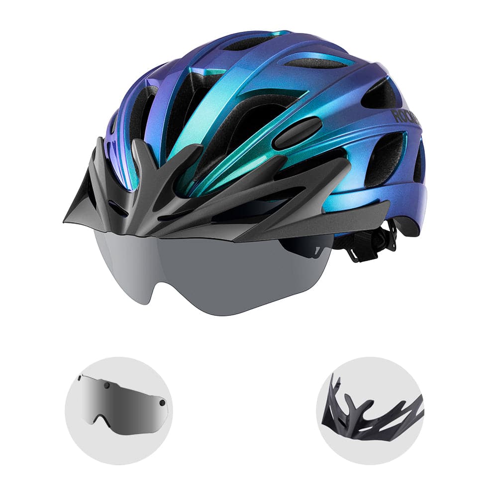 ROCKBROS Fahrradhelm mit integrierter abnehmbarer Magnetbrillen & Visier - Blau / L(58-61CM)