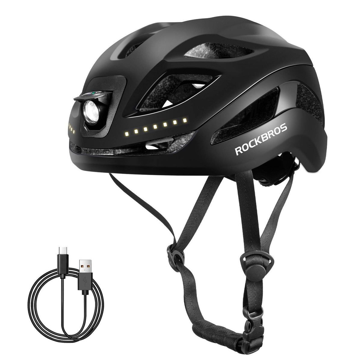 ROCKBROS Fahrradhelm mit Licht, mit USB 1800 mAh Atmungsaktiv 58-60 cm - Schwarz