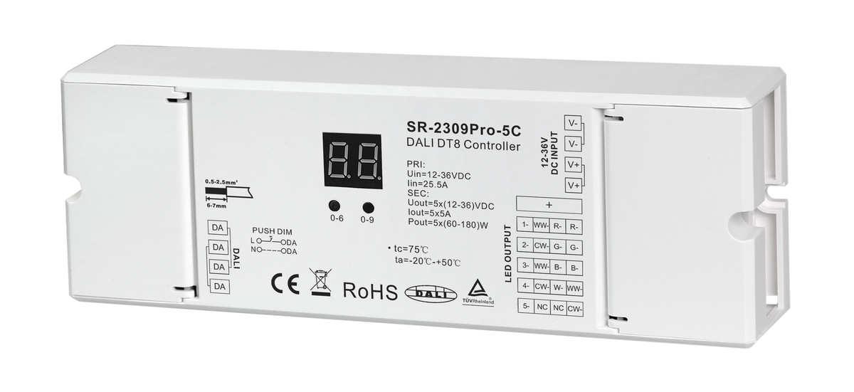 SR-2309PRO-5C DALI-2 DT8 LED Controller, 5-Kanal, 12-48V DC, 5×5A, 8-in-1 Farbsteuerung, Push DIM