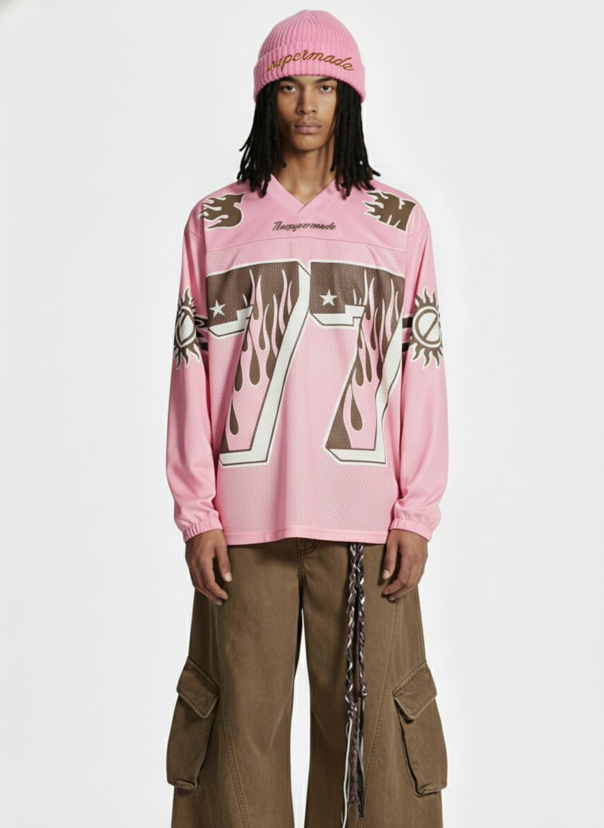 Retro Graphic Flame Number Print Long-Sleeve Jersey T-Shirt - Rose Red / M