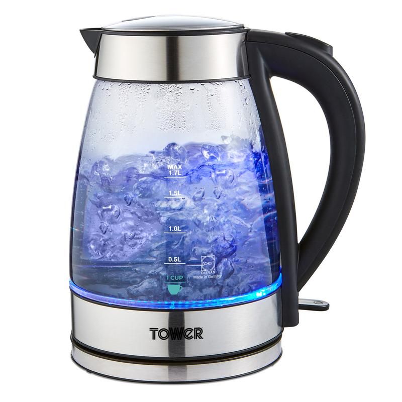 Tower 3KW 1.7L Smoked Glass Kettle in Stainless Steel