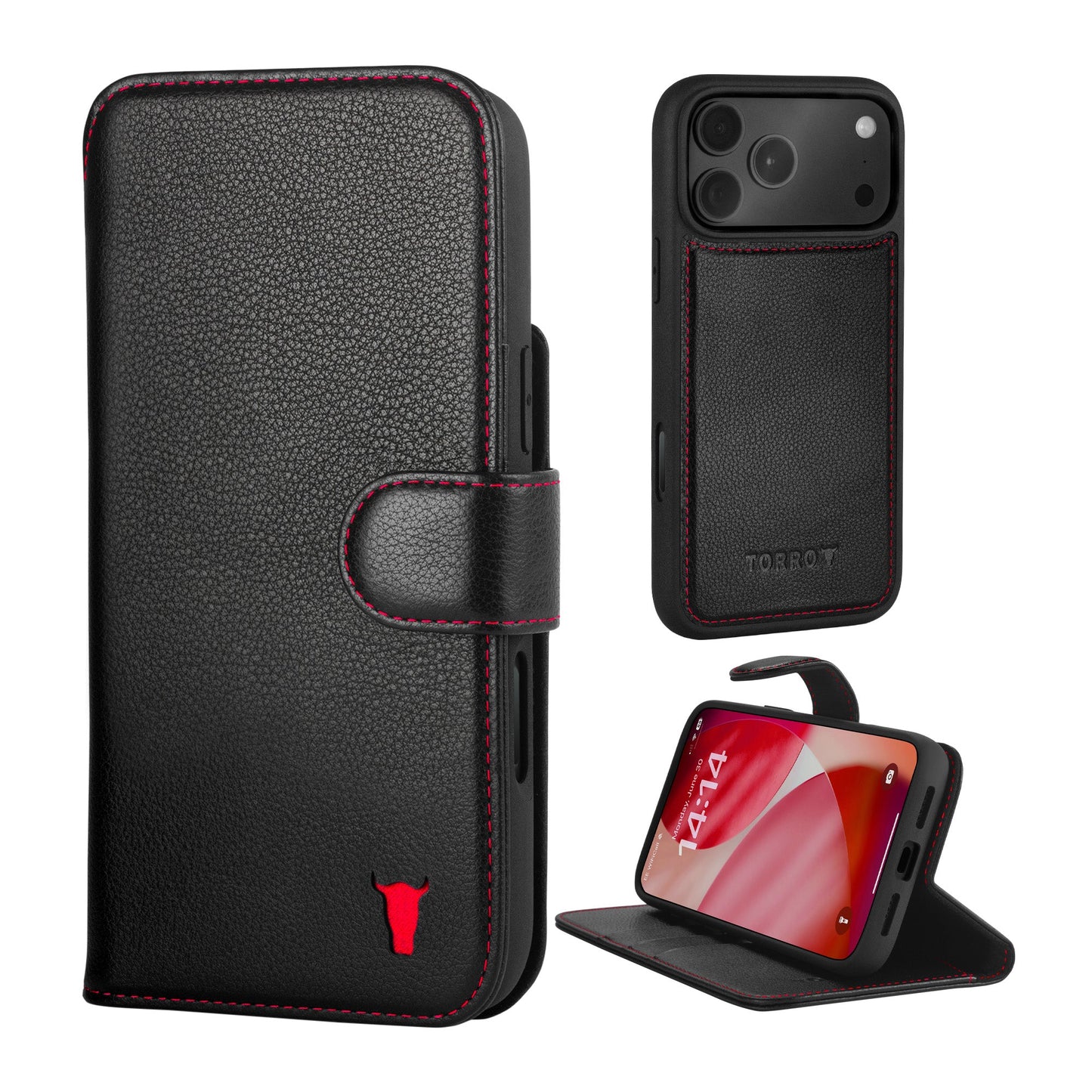 Apple iPhone 17 Pro 2-in-1 Leather Wallet Case (with Detachable Cover & MagSafe Charging) - TORRO Signature / Black with Red Detail
