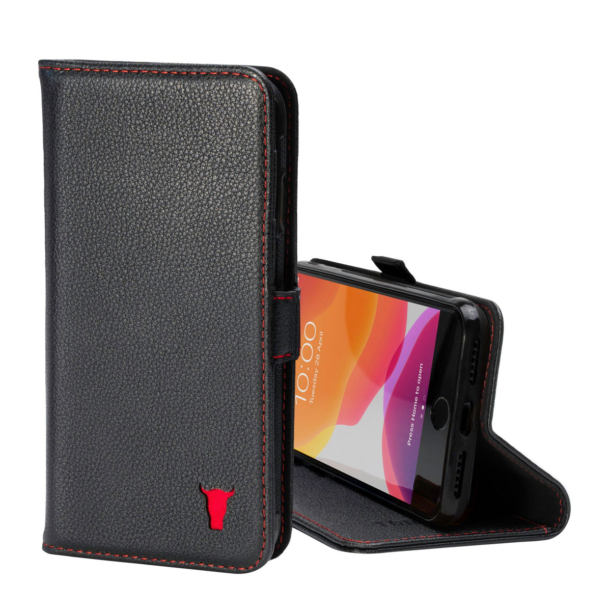 Apple iPhone SE 2022/2020 iPhone 8 & iPhone 7 Leather Wallet Case (with Stand Function) - Black with Red Detail