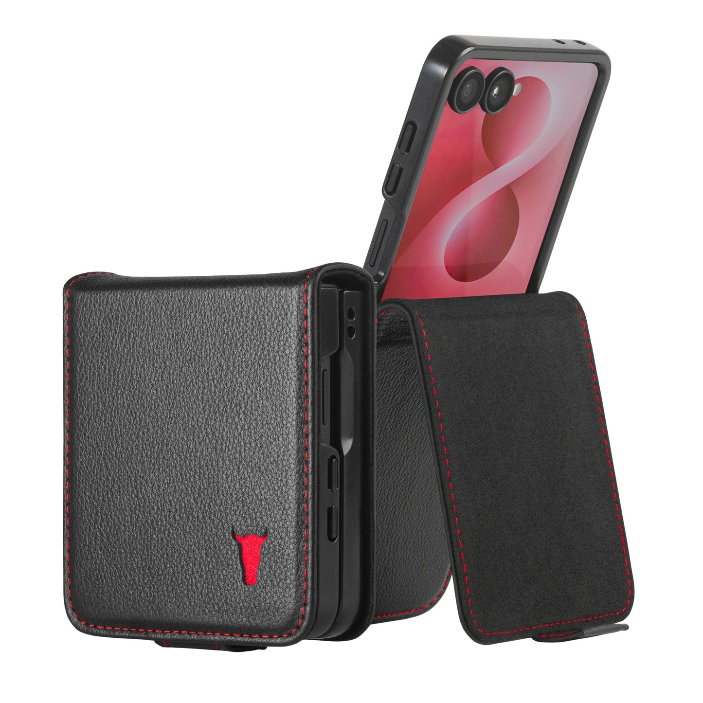 Samsung Galaxy Z Flip8 / Z Flip7 Leather Case - Black with Red Detail