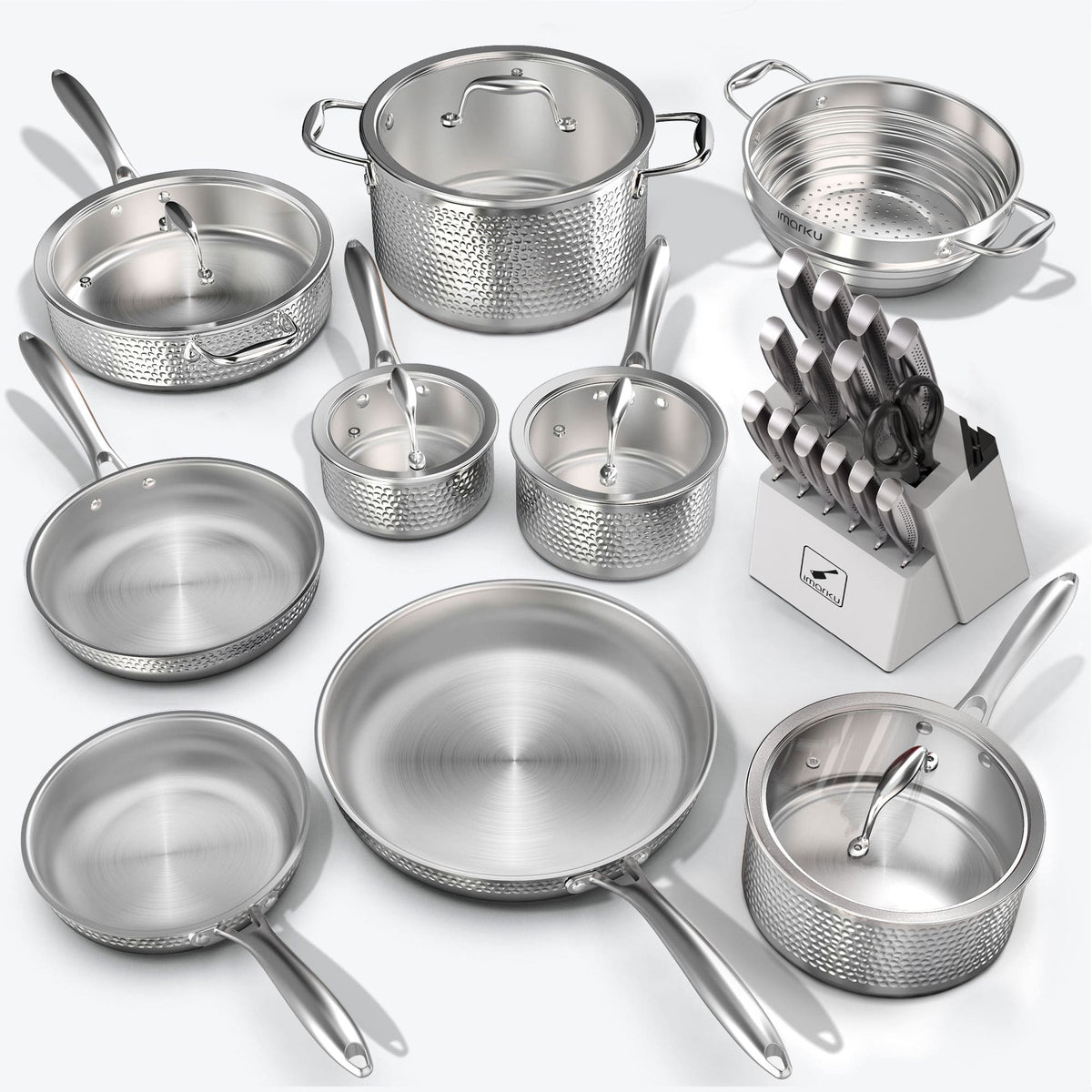 14 Piece Stainless Steel Cookware and 15 Piece Knife Set with Block Bundle - White