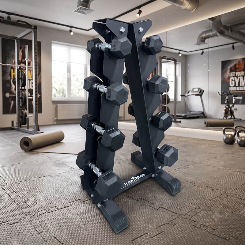 Ironman Rubber Coated Hex Dumbbell & 4 Tier Rack Set – 2.5, 5, 7.5 & 10kg Pairs