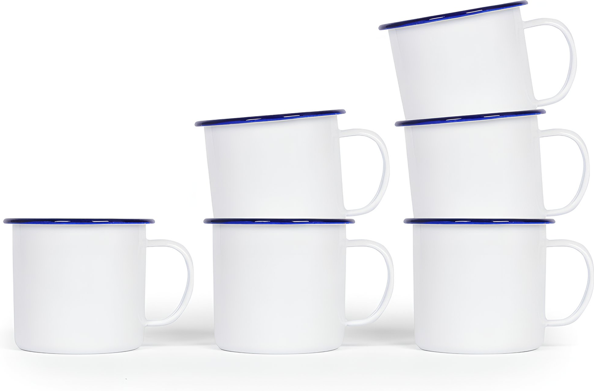 568ml White Enamel Mugs - Blue - Pack of 6