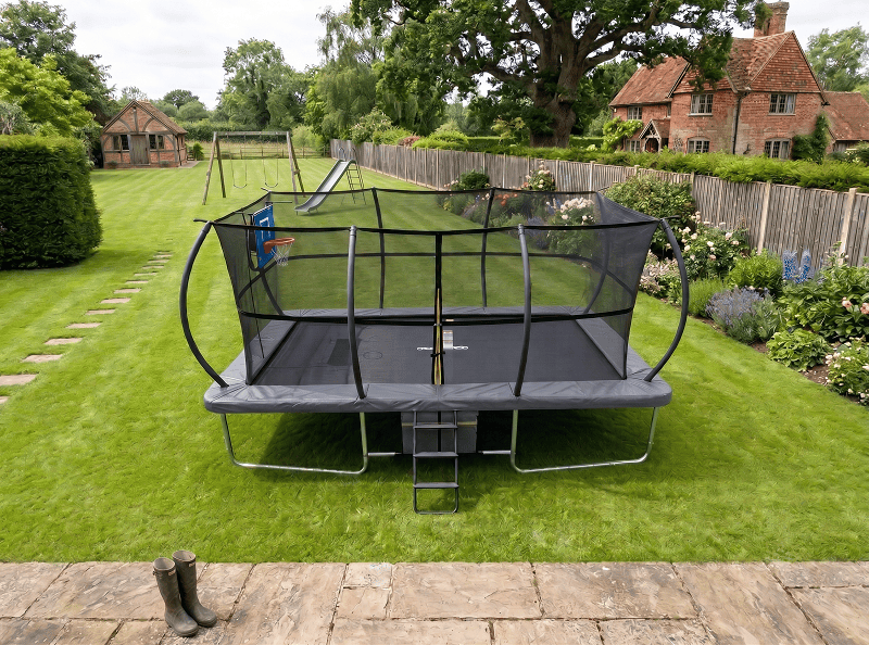 Big Foot 10x17ft Rectangular Trampoline with Safety Enclosure Grey - Free Ladder Shoe Tidy Anchor Kit Basketball
