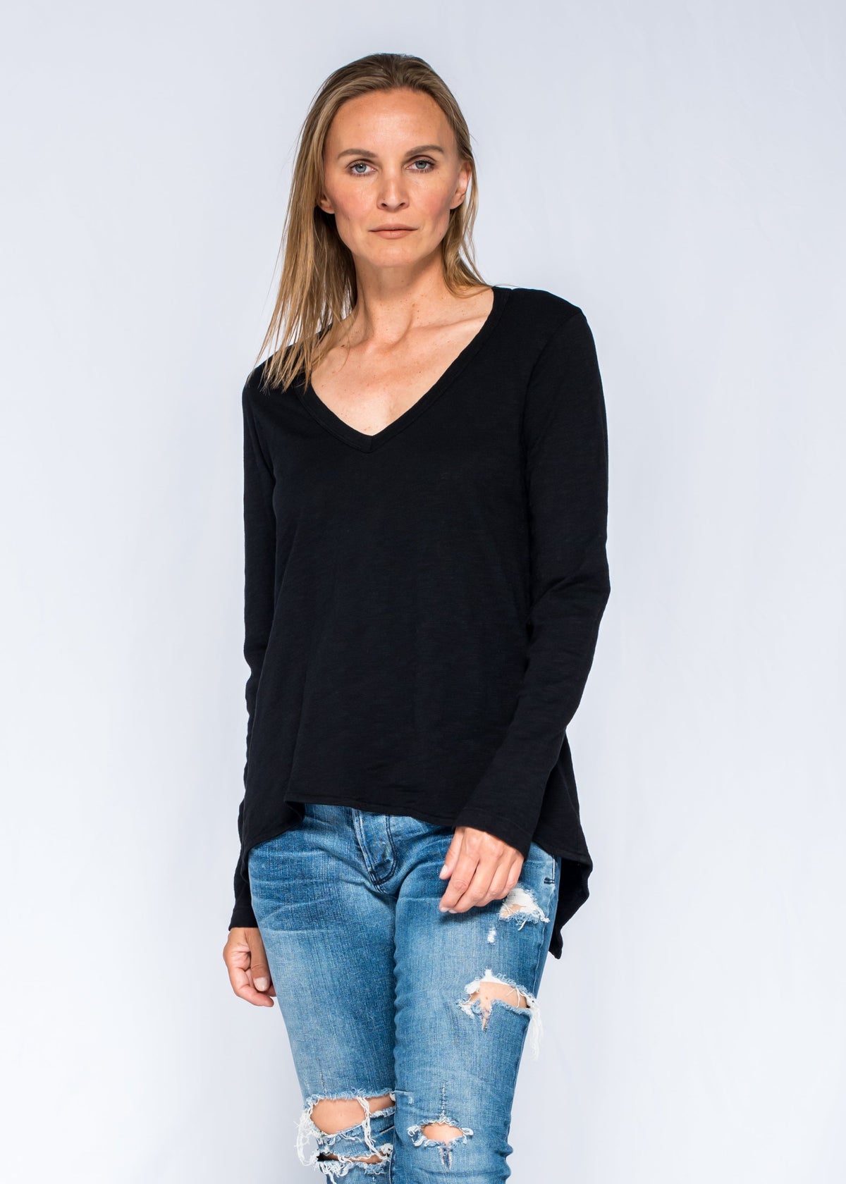 Sexy Deep V-Neck Shrunken Boyfriend Long Sleeve - Black / XS
