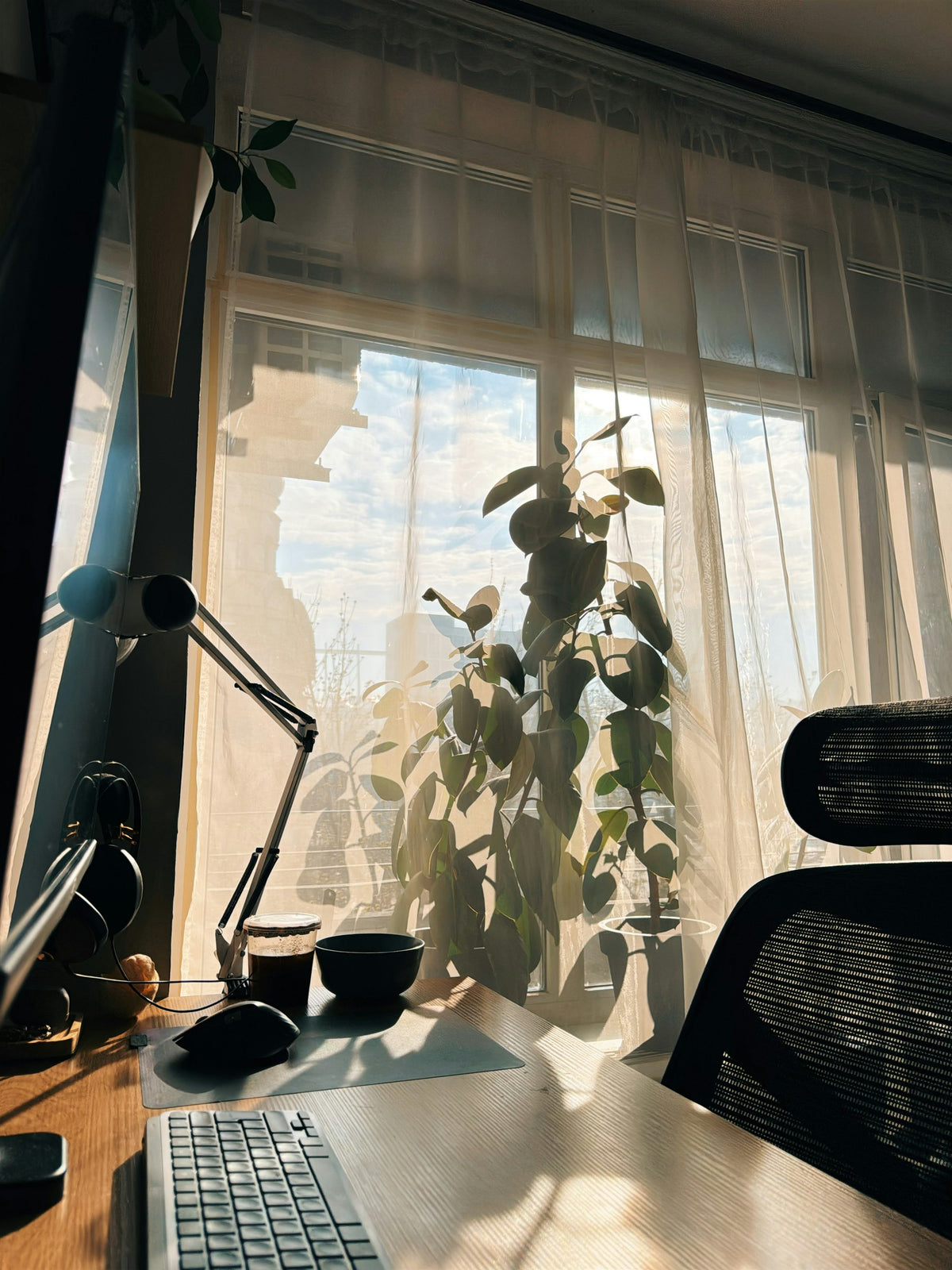 Sunlit wooden desk with keyboard, desk lamp and mesh chair beside a sheer-curtained window and plant