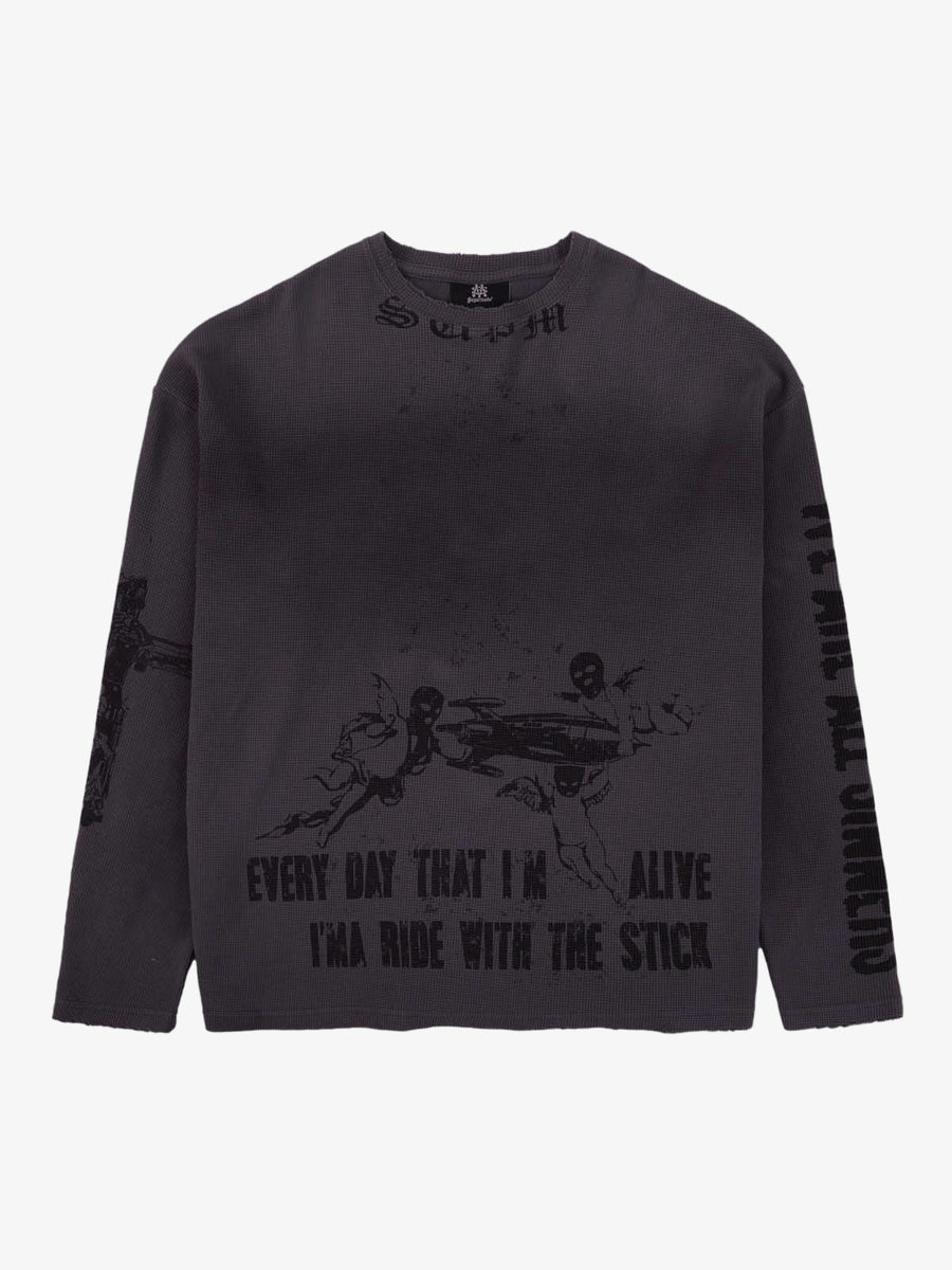 Waffle-Knit Distressed Gradient Print Long T-Shirt - Dark Gray / S