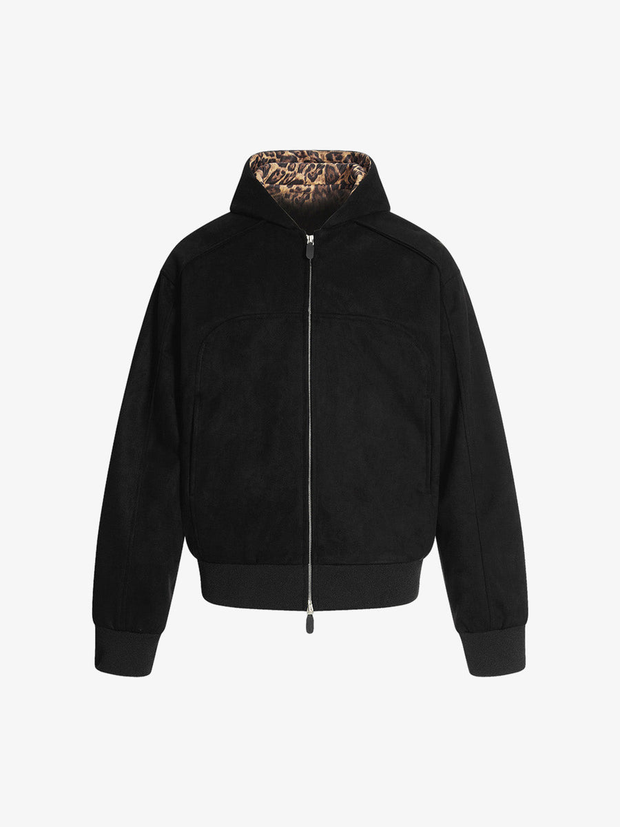 Suede Leopard-Trimmed Paneled Bomber Jacket - Black / S