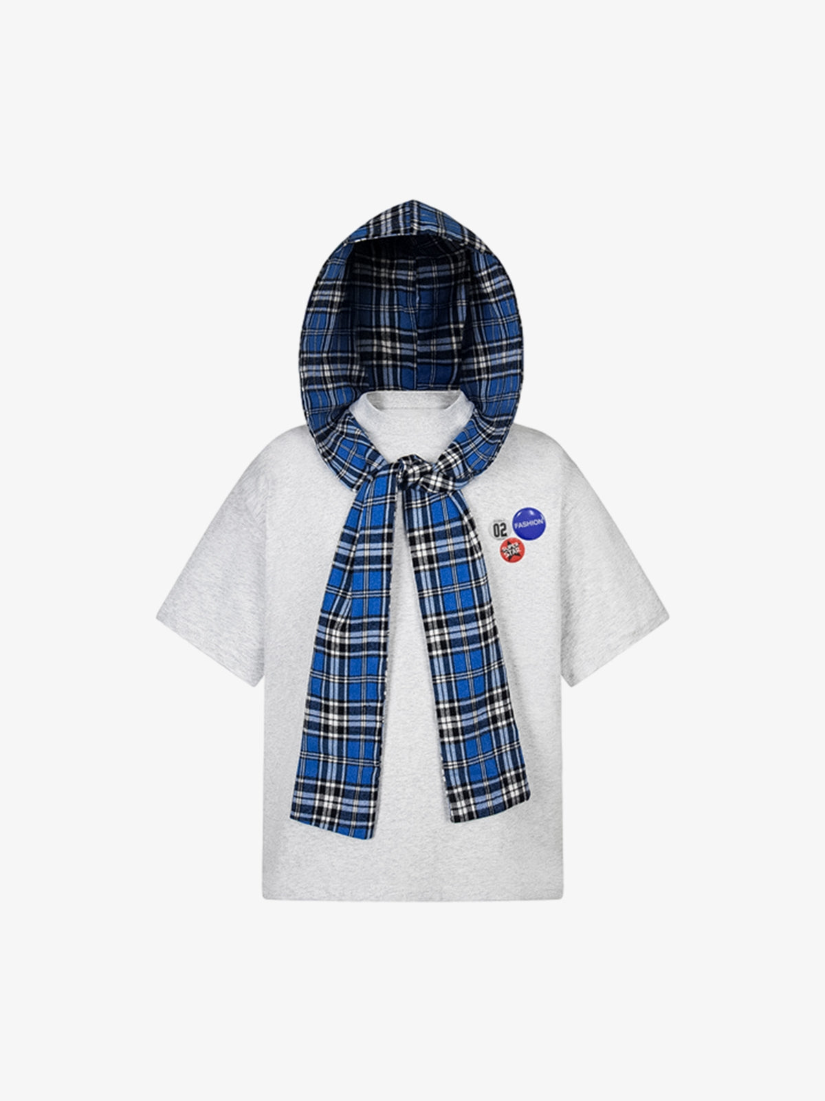 Jersey Knit Detachable Badge Hooded Plaid Cape T-Shirt - Light Gray / M