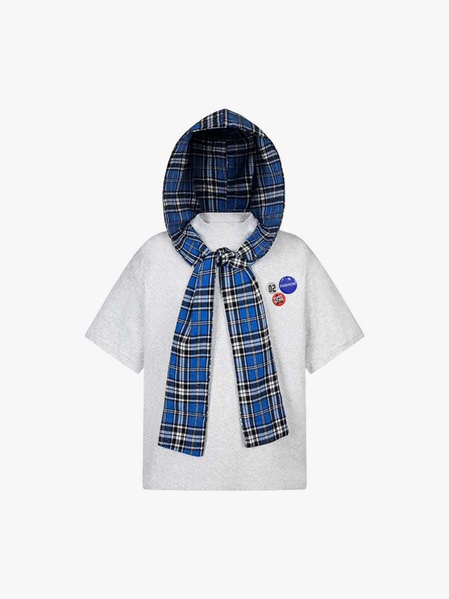 Jersey Knit Detachable Badge Hooded Plaid Cape T-Shirt - Light Gray / M