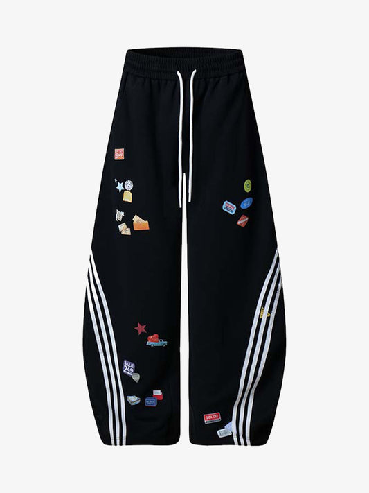 Street Patterned Striped Barrel Casual Pants - Black / S