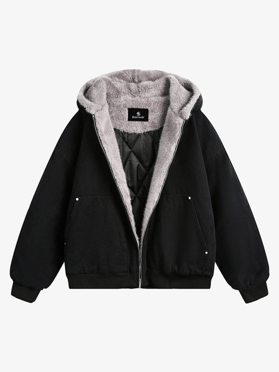 Thesupermade Fur Hooded Zip Up Quilted Jacket - 2510 - Black / S