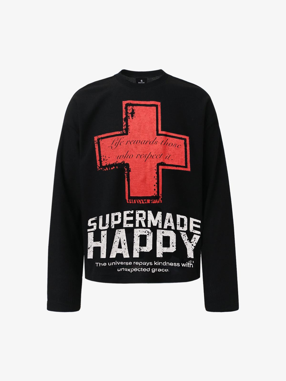 Street Cross Lettering Print Long-Sleeved T-Shirt - 2608 - Black / S