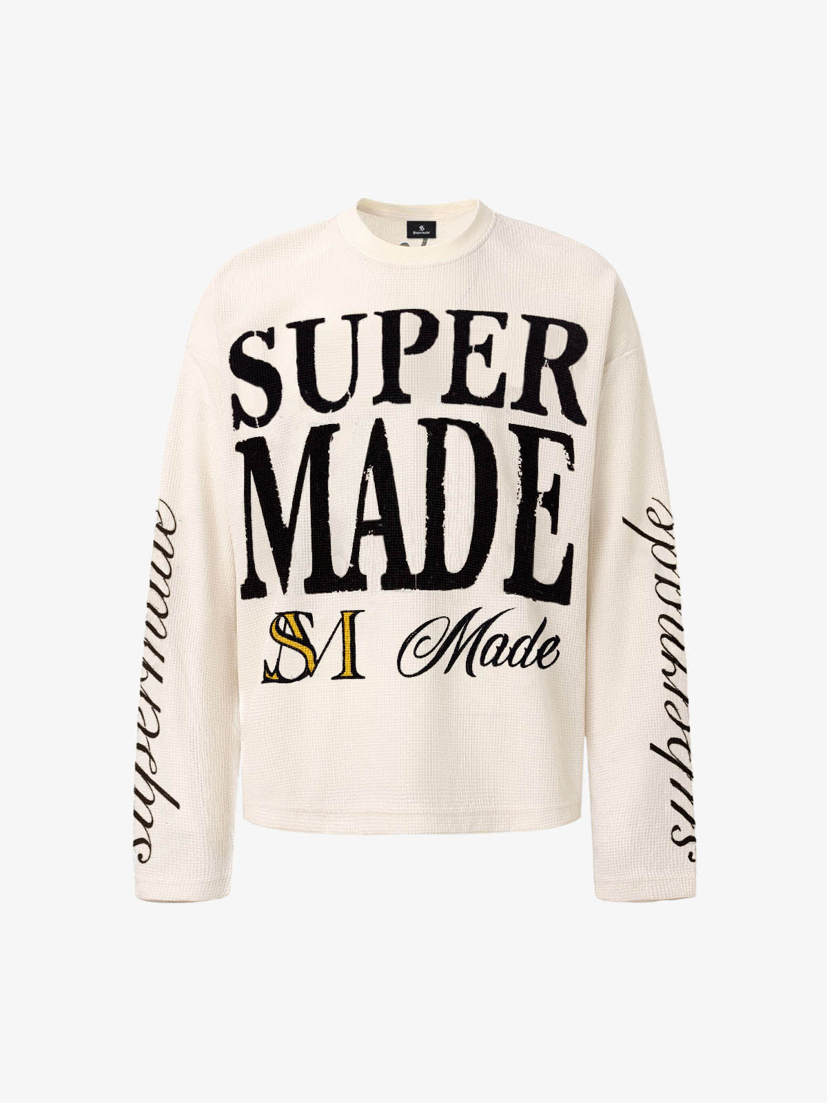 Retro Letter Print Waffle Simplicity Long-Sleeved T-Shirt - 2637 - Apricot / S