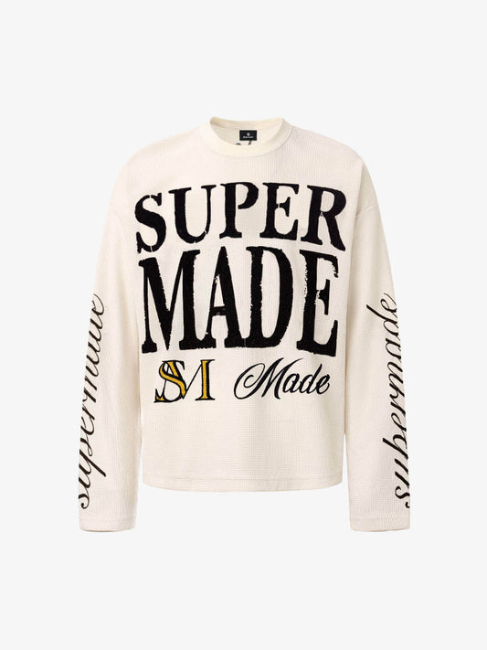 Retro Letter Print Waffle Simplicity Long-Sleeved T-Shirt - 2637 - Apricot / S