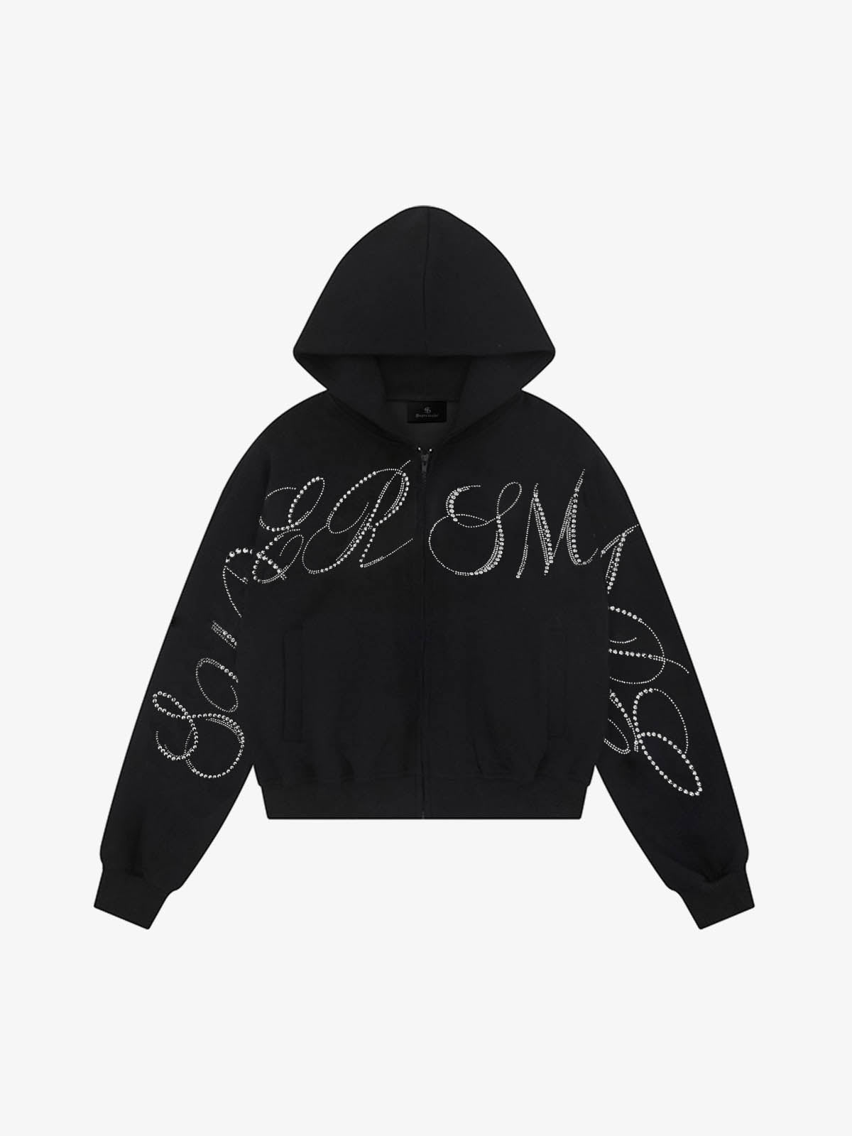 Street Hip-Hop Rhinestone Cropped Zip Up Hoodie - Black / S
