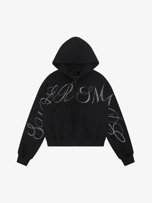 Street Hip-Hop Rhinestone Cropped Zip Up Hoodie - Black / S