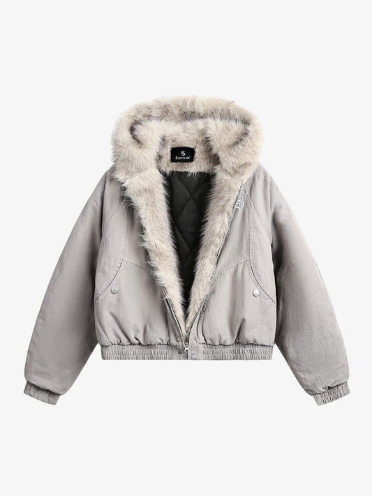 Spliced Fur Hooded Quilted Jacket - 2285 - Grey / S