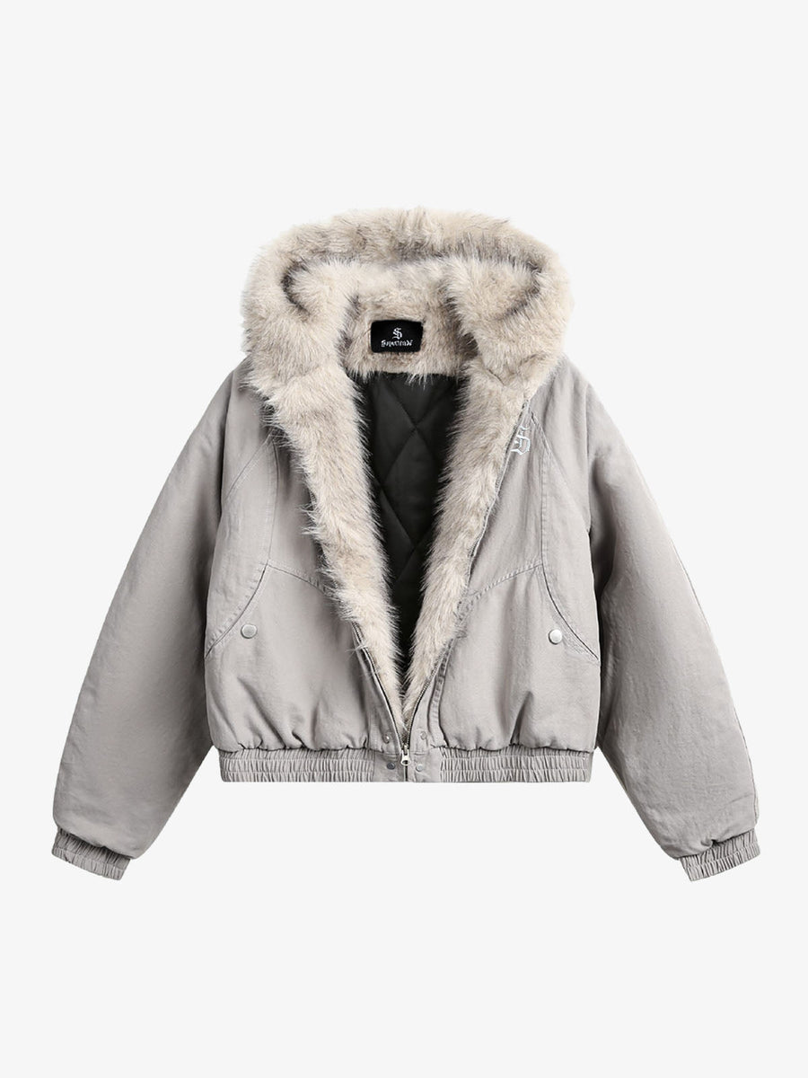 Spliced Fur Hooded Quilted Jacket - 2285 - Grey / S