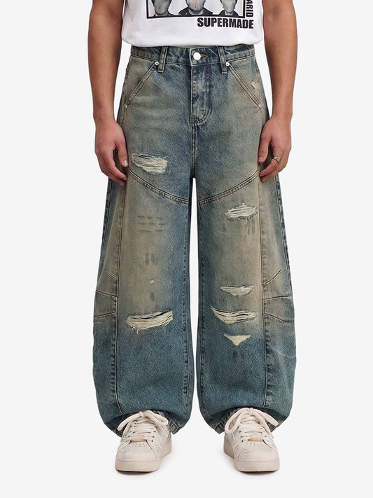 Vintage Mud-Dyed Distressed Barrel Jeans - 2537 - Blue / S