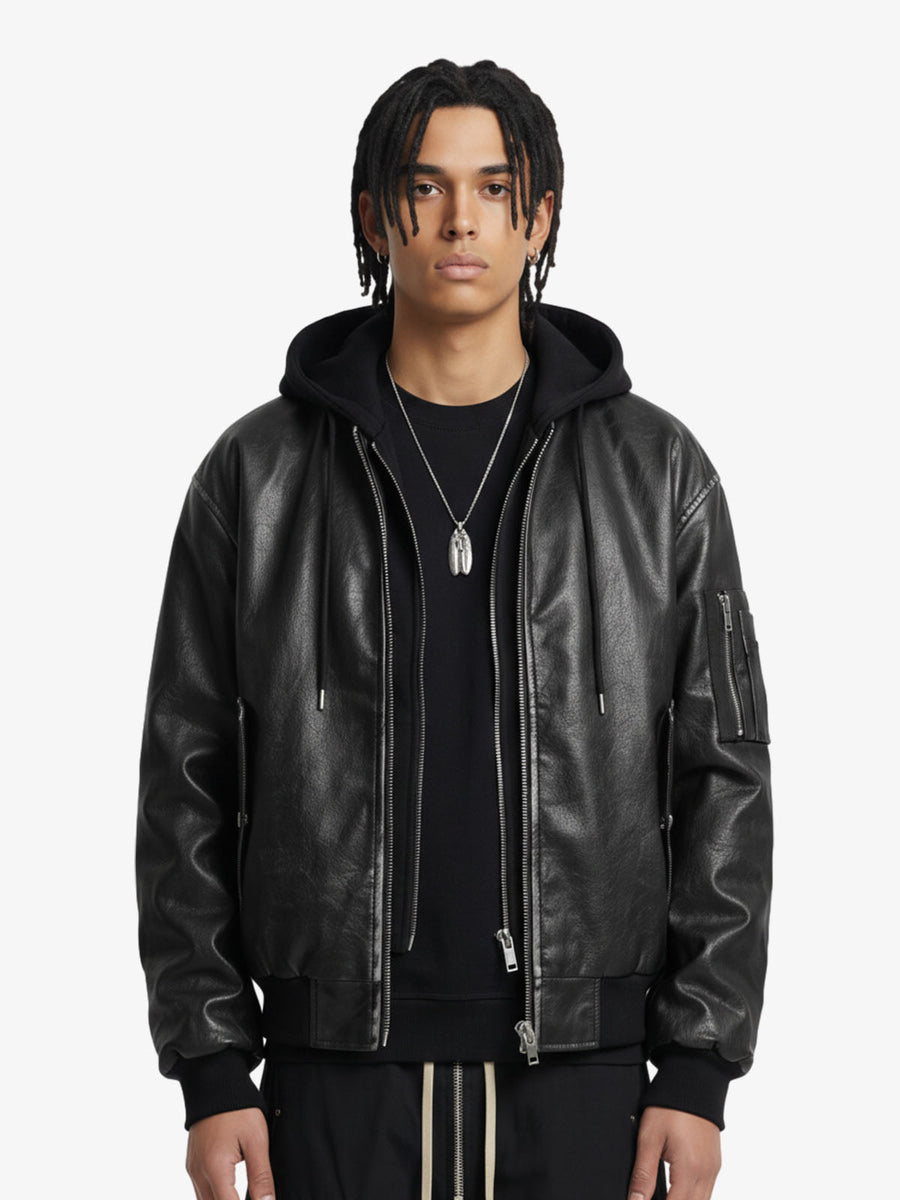 Retro Distressed Washed PU Leather Cotton Jacket - Black / M