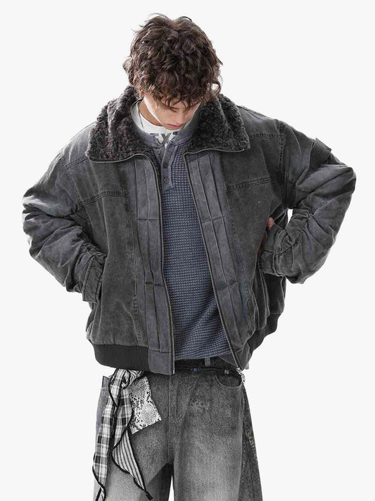 Vintage Distressed Pleated Shearling Collar Fleece Jacket - Black / S