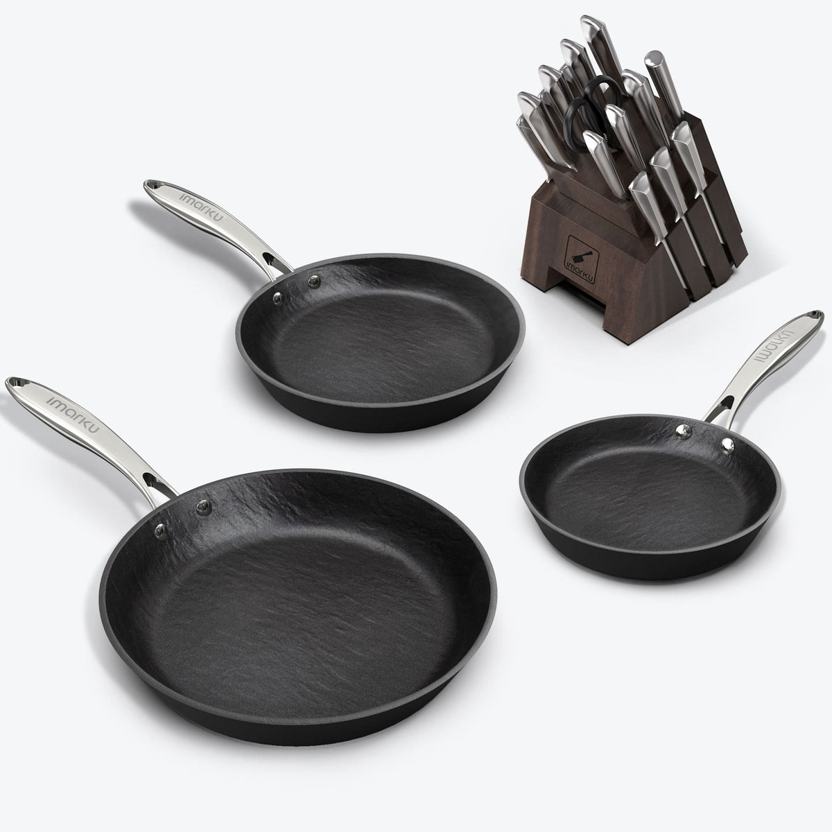 NonStick Frying Pan with Silver Handle and Japanese Knife Set Bundle - Gray