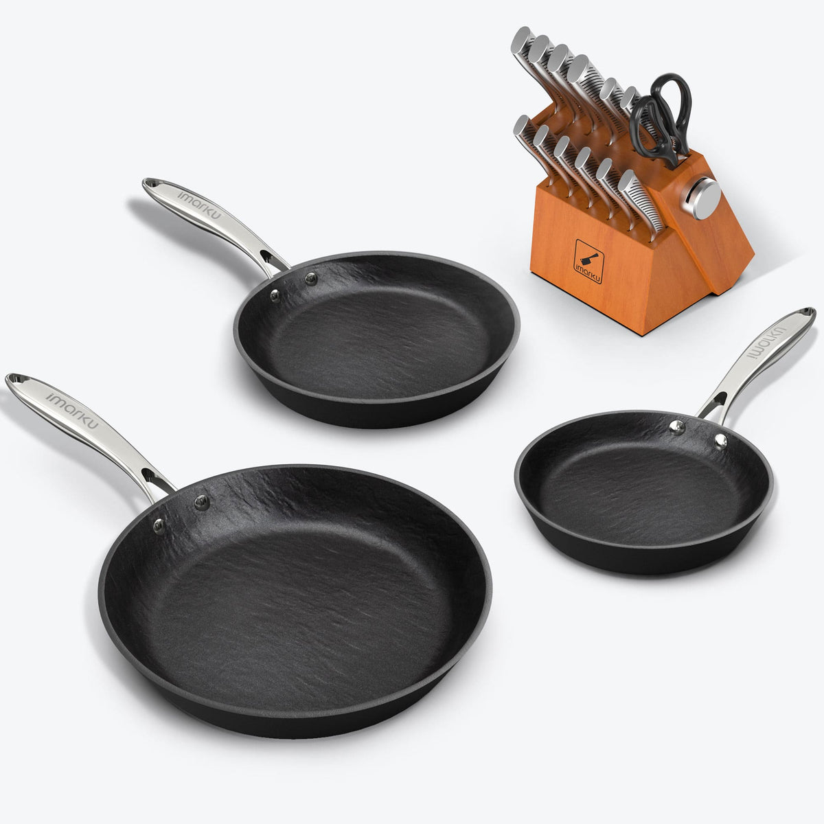 3PCs NonStick Frying Pan Set with Silver Handle & 14 PCs Knife Set Bundle - Orange