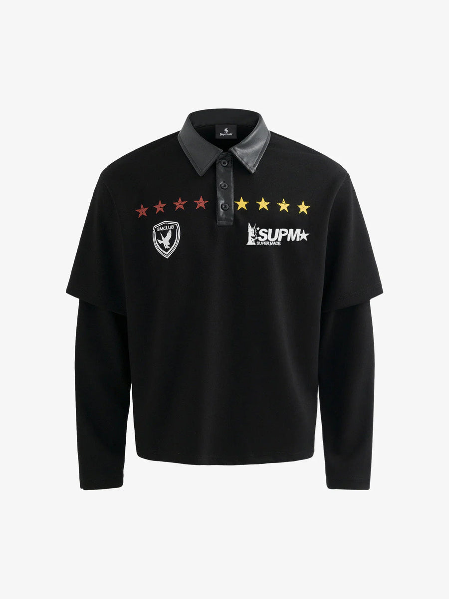 Motorcycle Style Lapel Polo Long Sleeve T-Shirt - Black / M